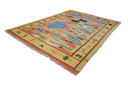 Kilim rug with a colorful landscape pattern and fringes, rectangular, multicolored