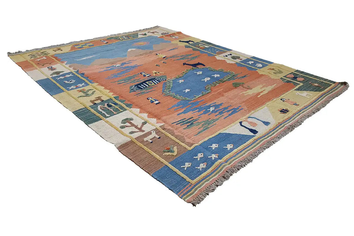 Carpet with a large blue-orange patterned field and multicolored fringe border