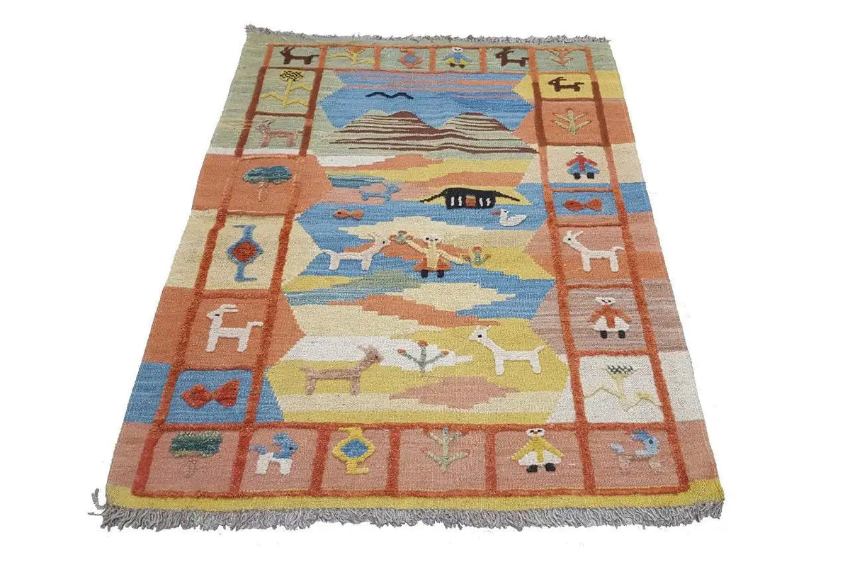 Kilim Qashqai rug with a multicolored pattern depicting sky, mountains, and animals, 120x86 cm