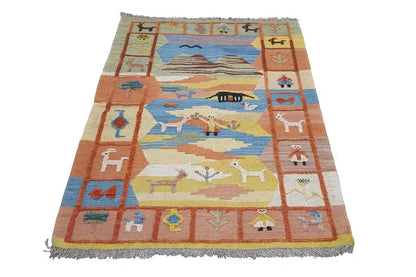 Kilim Qashqai rug with a multicolored pattern depicting sky, mountains, and animals, 120x86 cm