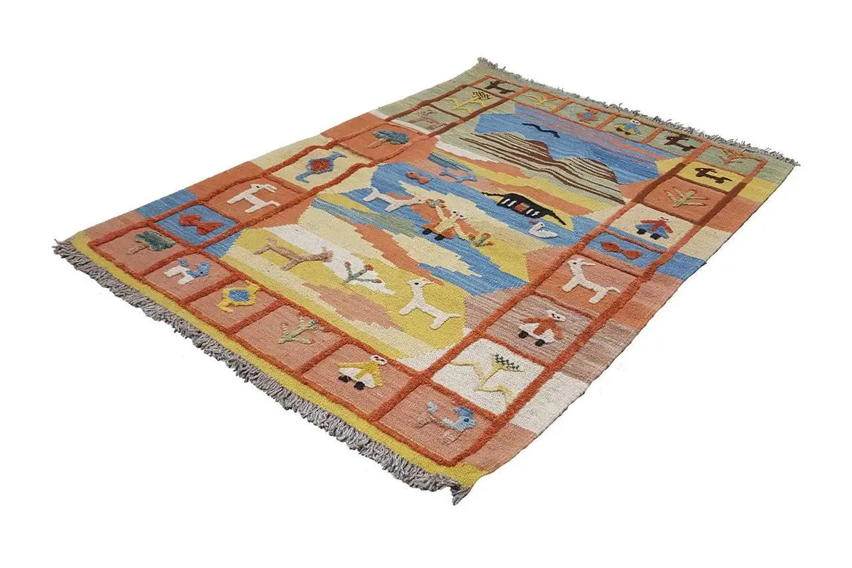 Kilim Qashqai rug, diagonal view with colorful symbols and landscape elements, 120x86 cm
