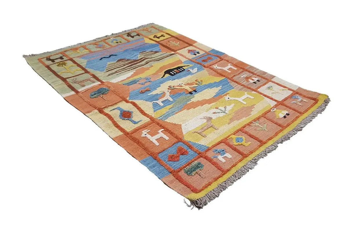 Kilim Qashqai rug in orange and blue with animal and landscape motifs, 120x86 cm