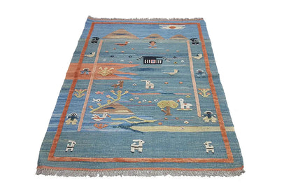 Blue kilim rug with orange border and figurative patterns, 119x84 cm