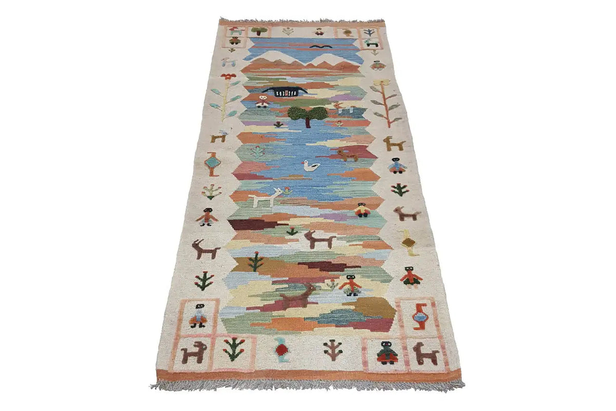 Kilim Qashqai rug with a landscape motif in blue, brown, and green, brown border and fringes