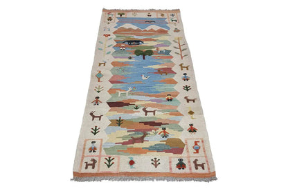 Kilim Qashqai rug with a landscape motif in blue, brown, and green, brown border and fringes
