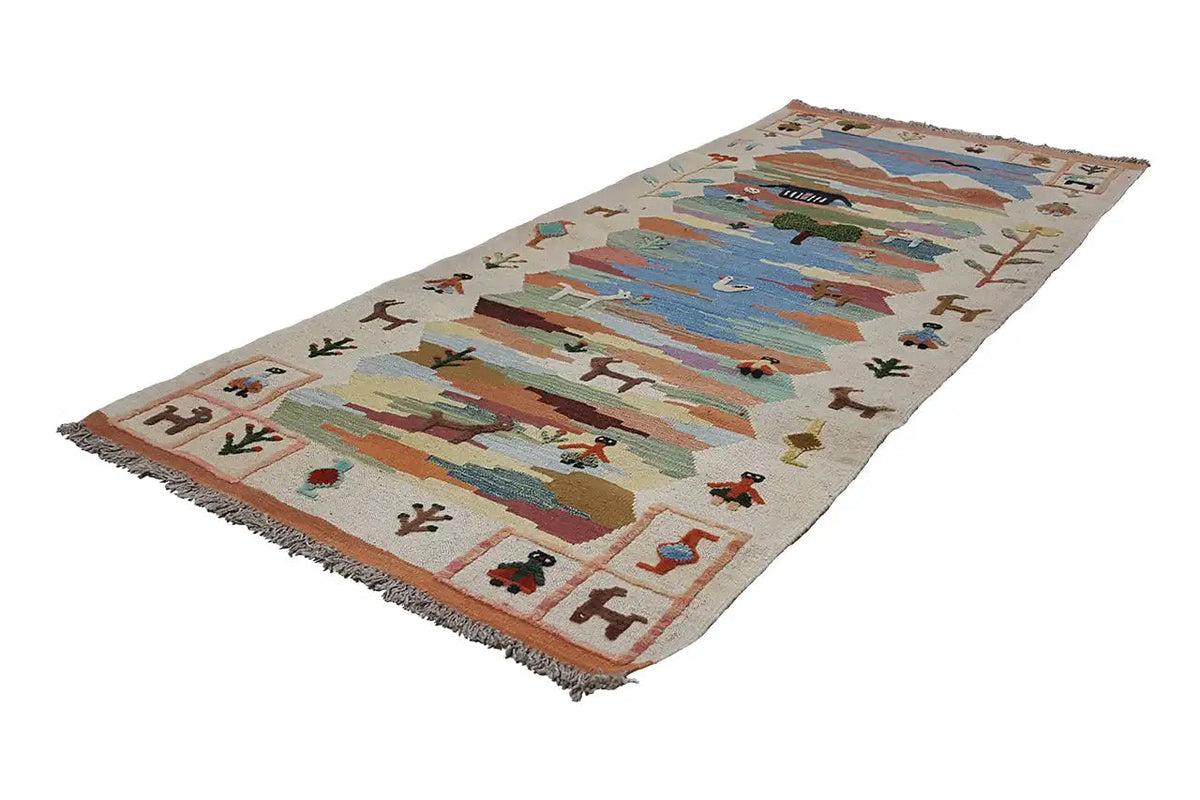 Kilim Qashqai rug, diagonal, landscape scene with animals, multicolored and fringed