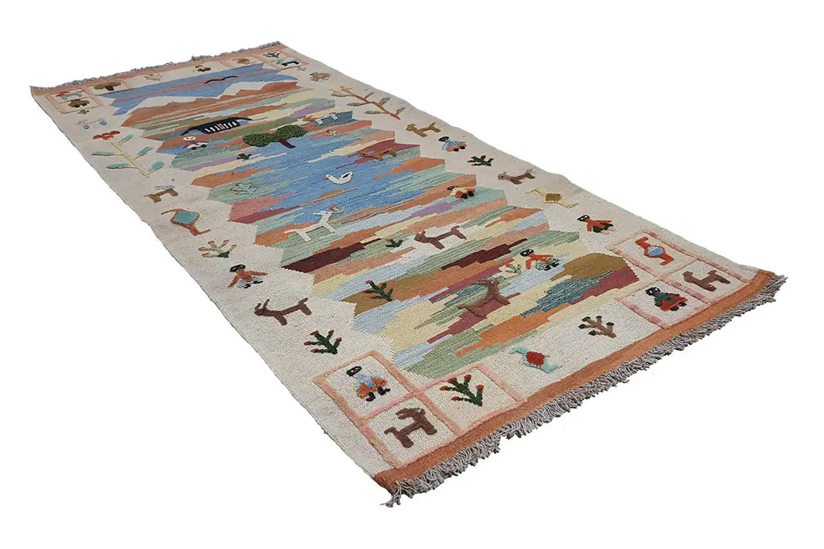 Kilim Qashqai rug with river and landscape motif, multicolored woven patterns, fringe