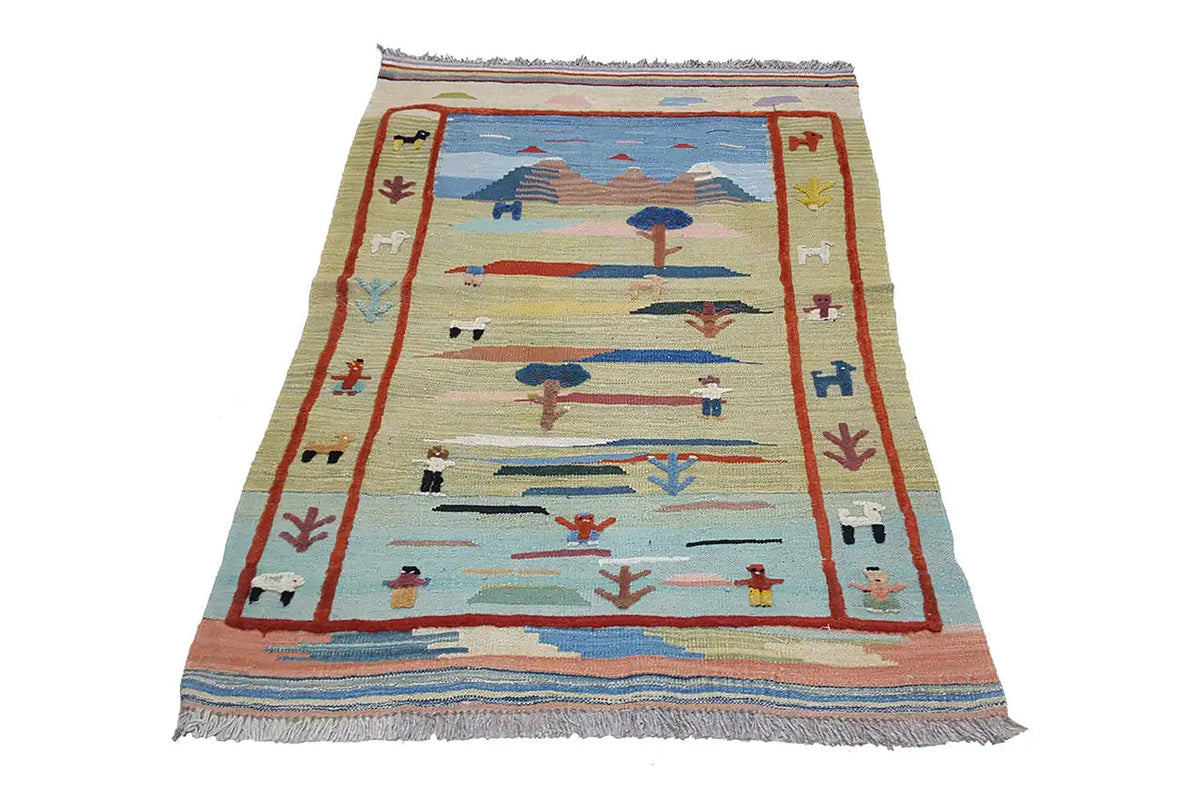 Kilim rug with a landscape design, blue and yellow areas, and a red border, with fringes