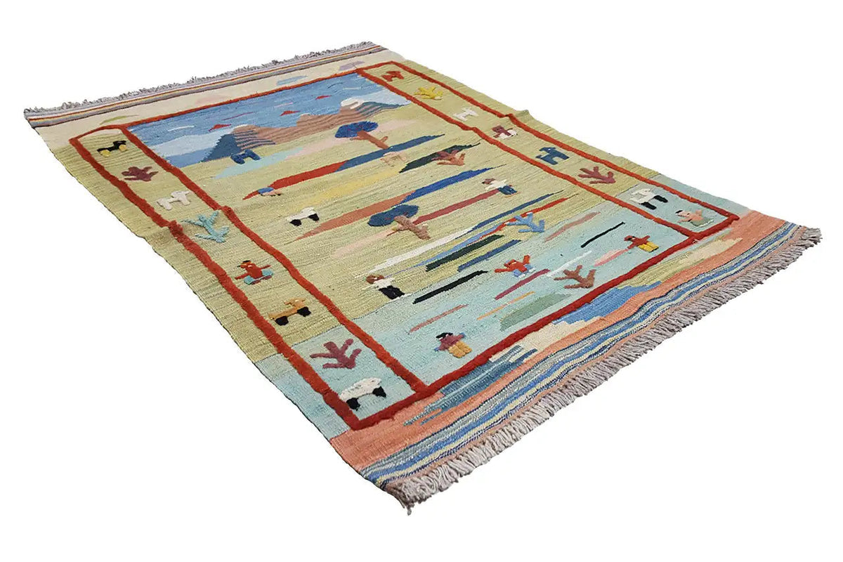 Kilim rug with landscape motifs in beige, blue and red, rectangular, with fringes