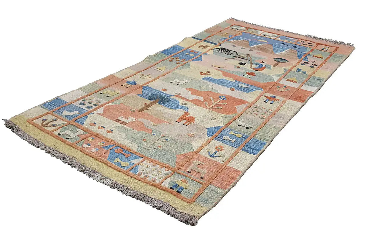 Oriental rug with a geometric animal and symbol pattern in beige, blue, and red