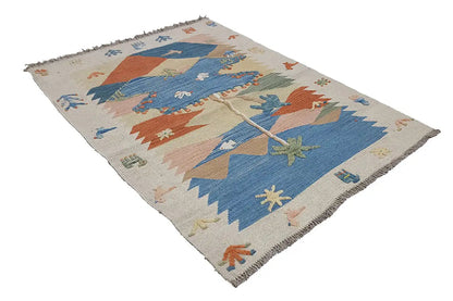 Kilim rug, square cut, cream with blue fields, stars, and zigzag edges