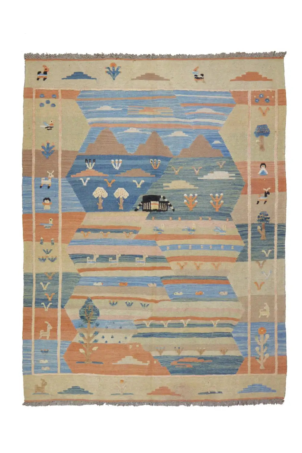 Kilim rug with a blue-beige pattern, geometric motifs, and fringes along the edge.