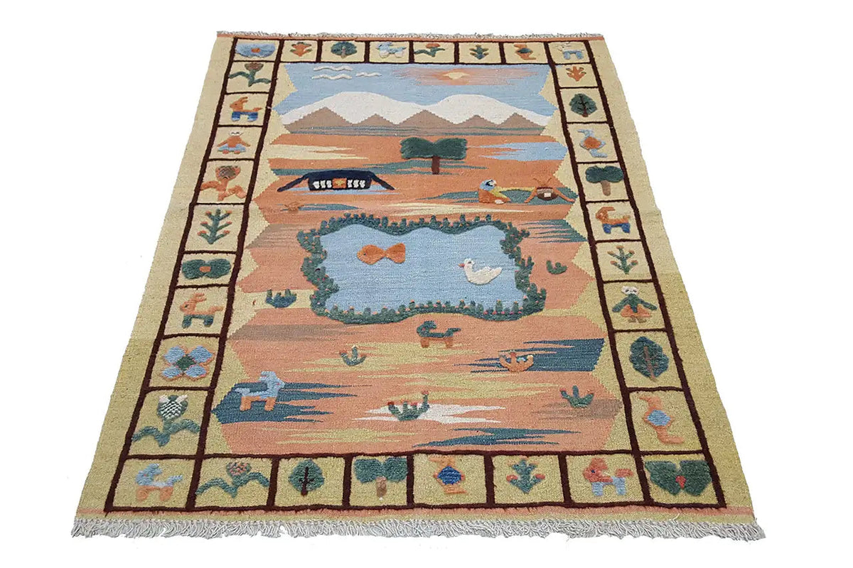Kilim rug with a landscape motif, frame with ornaments, multicolored, rectangular.