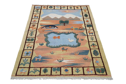 Kilim rug with a landscape motif, frame with ornaments, multicolored, rectangular.