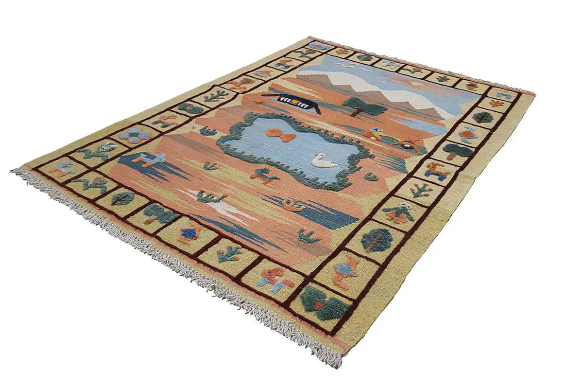 Rectangular kilim rug with a landscape motif and decorative border, multicolored.