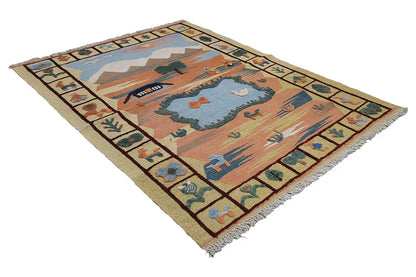 Beige kilim rug with a landscape design, colorful border, and fringes.
