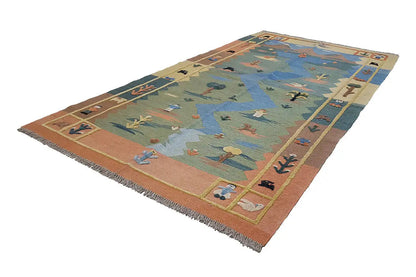 Kilim rug with a blue-green pattern and brown border, decorated with colorful fields