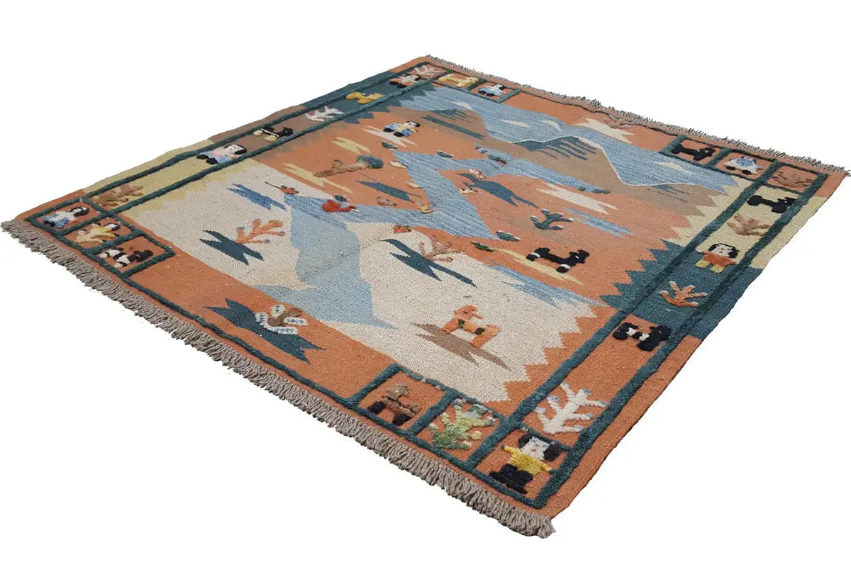 Square kilim rug, multicolored pattern with fringes and a colorful border frame