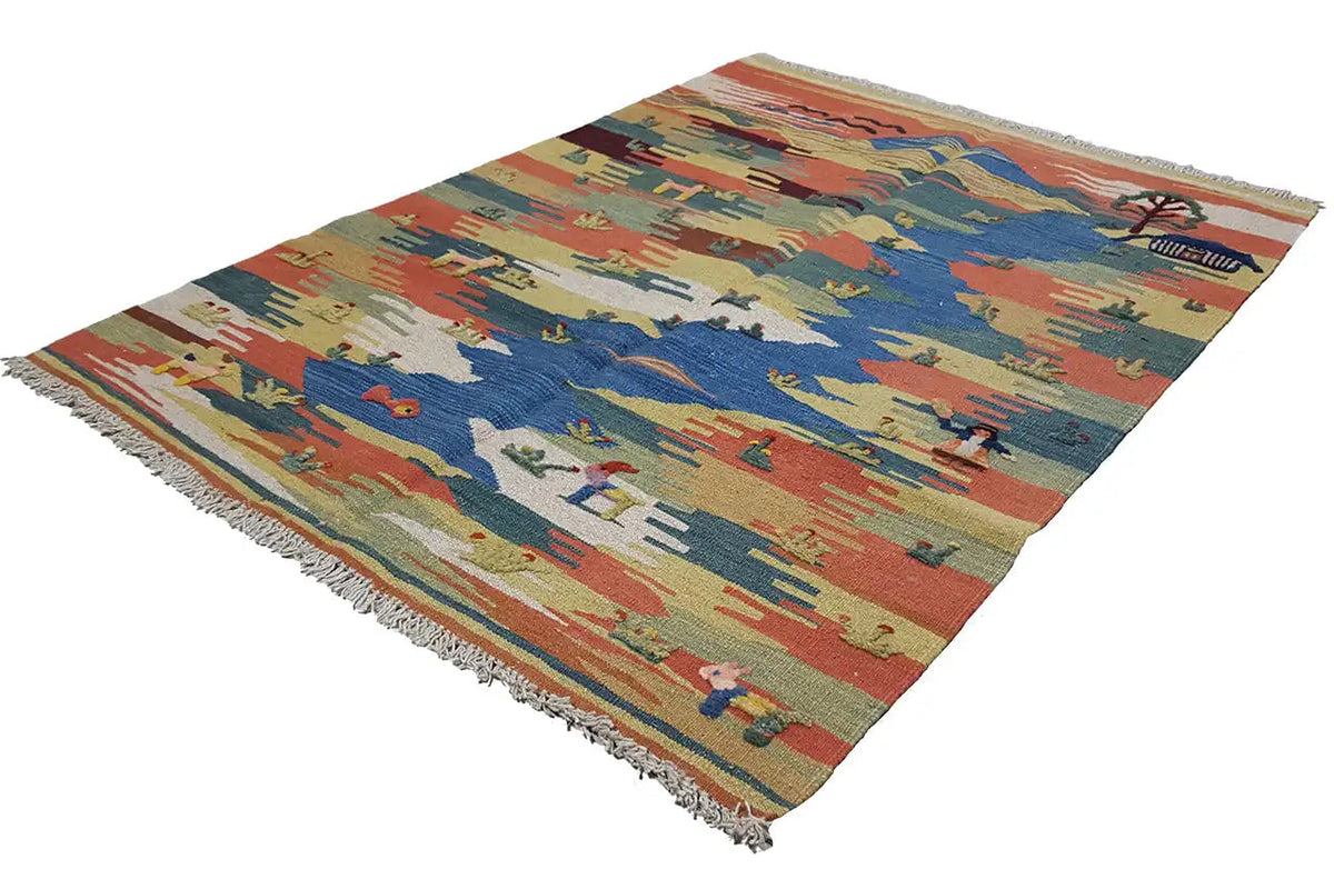 Kilim Qashqai rug with landscape motif, red-blue-beige, with fringes