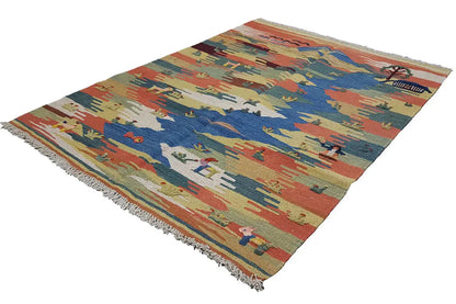 Kilim Qashqai rug with landscape motif, red-blue-beige, with fringes