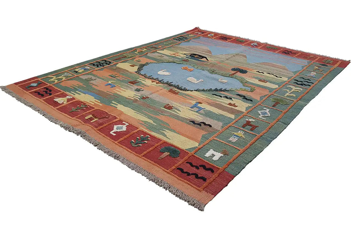 Qashqai kilim rug with landscape motif and colorful border, 201x146 cm