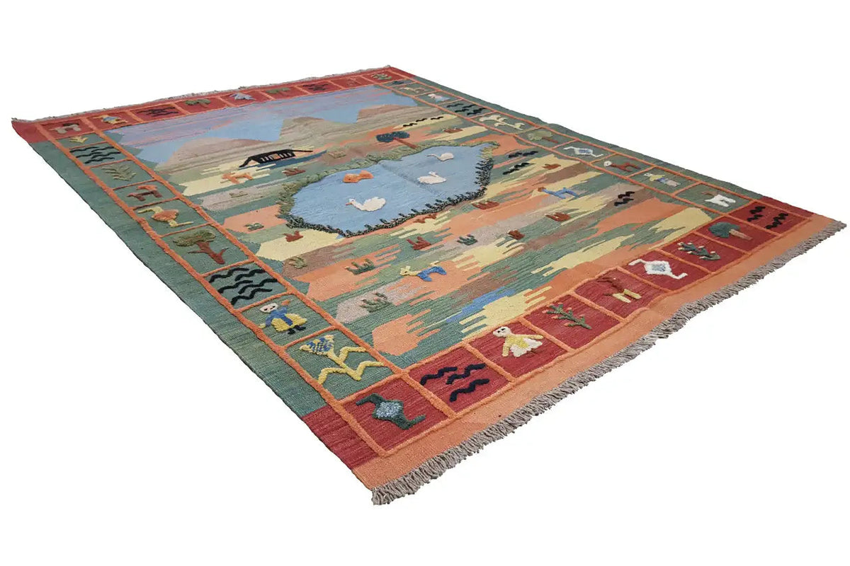 Qashqai kilim rug with landscape motif, warm colors and fringes, 201x146 cm