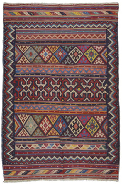Kilim rug with a geometric pattern in red, blue, and beige, rectangular
