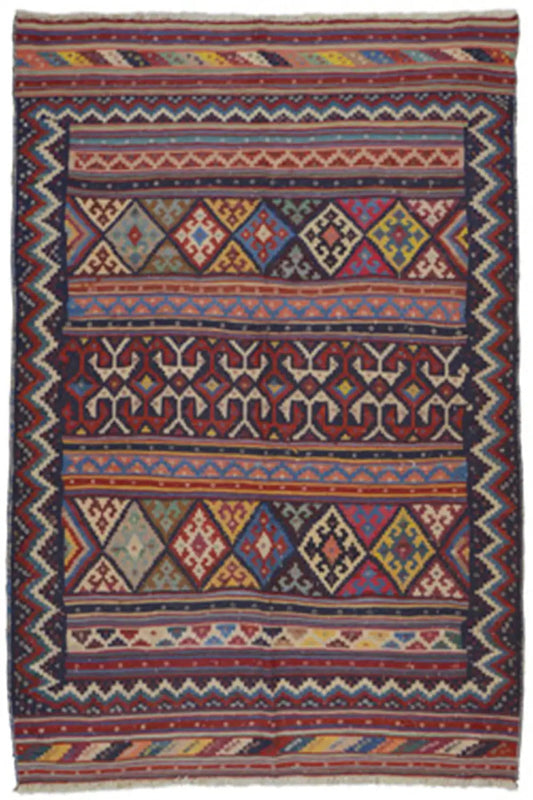 Kilim rug with a geometric pattern in red, blue, and beige, rectangular