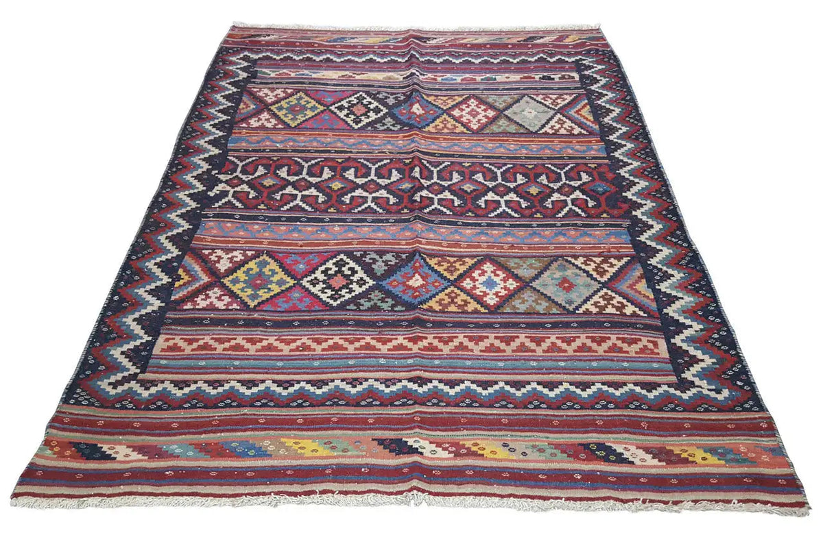 Kilim rug, flat-woven: multicolored borders and diamonds in a geometric design