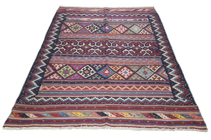 Kilim rug, flat-woven: multicolored borders and diamonds in a geometric design