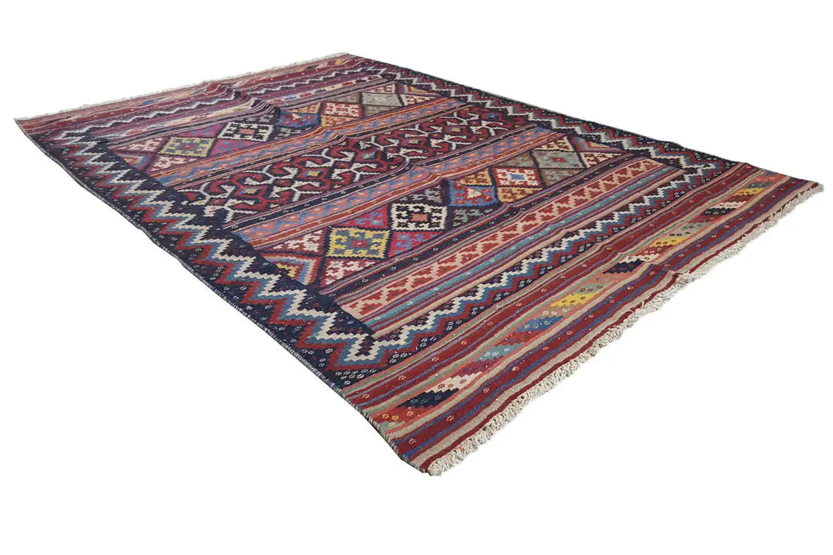 Kilim rug Diagonal, dark background with colorful diamonds and a colorful border