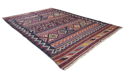 Kilim rug Diagonal, dark background with colorful diamonds and a colorful border