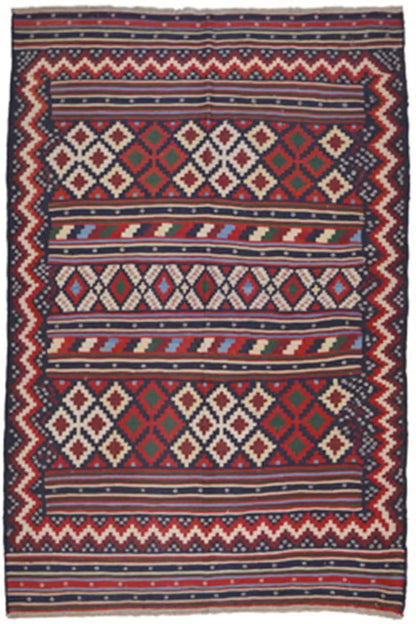 Kilim rug with a geometric pattern in blue, red, and beige, rectangular