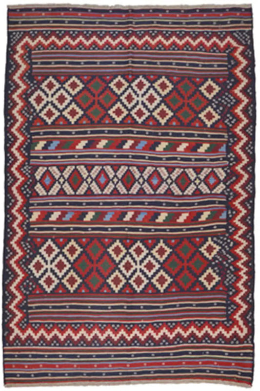 Kilim rug with a geometric pattern in blue, red, and beige, rectangular