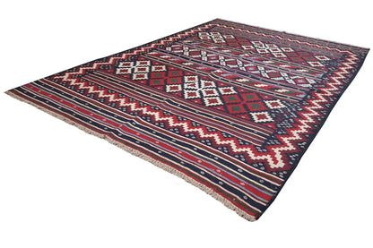 Kilim rug laid diagonally, red-blue ornaments and stripes
