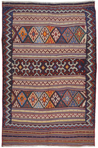 Kilim rug with a geometric pattern in blue, red, beige, and a dark border