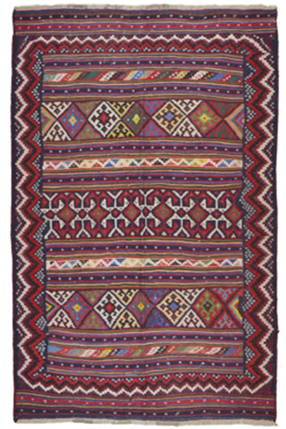 Kilim Sirjan flatweave rug with geometric pattern, red-blue, fringes, 234x155 cm