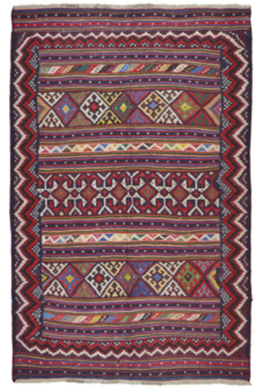 Kilim Sirjan flatweave rug with geometric pattern, red-blue, fringes, 234x155 cm