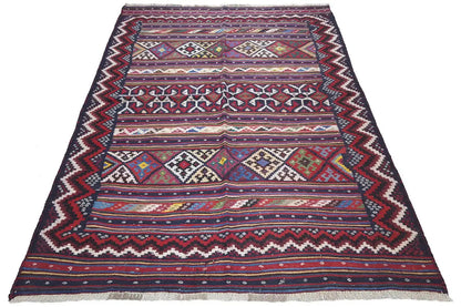Kilim Sirjan flatweave rug, geometric borders in red, blue and beige, fringes