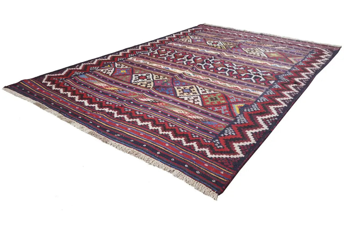 Kilim Sirjan kilim rug in dark red and blue with medallions, woven edge