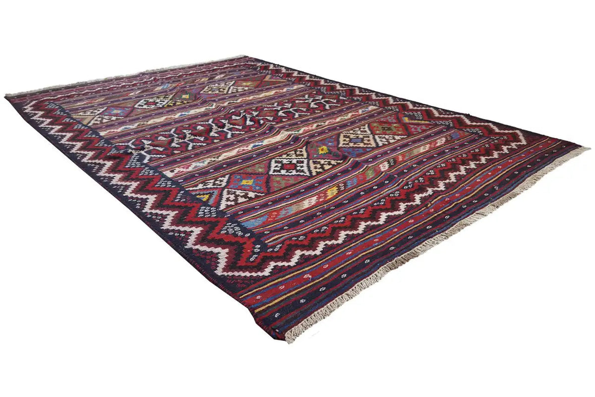 Kilim Sirjan flat-weave rug with a zigzag border and multicolored stripes