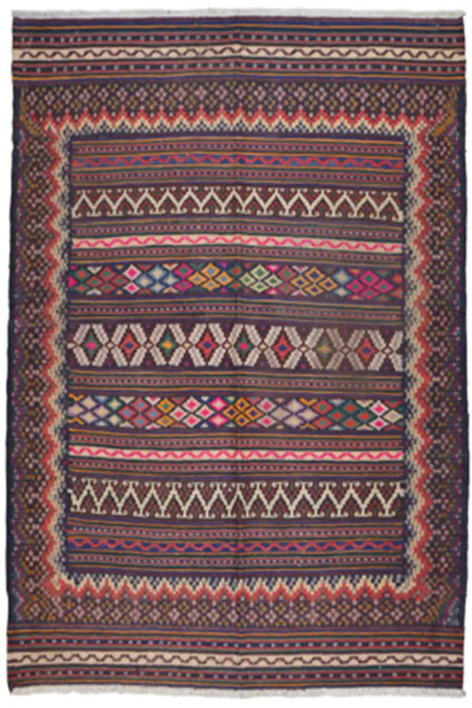 Geometric kilim rug in dark blue, red, and beige, rectangular