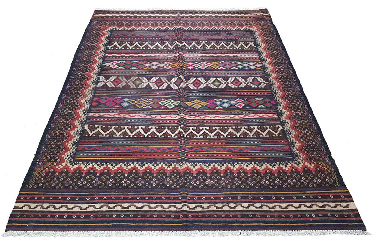 Geometric kilim rug with a striped pattern in dark blue, red, and beige