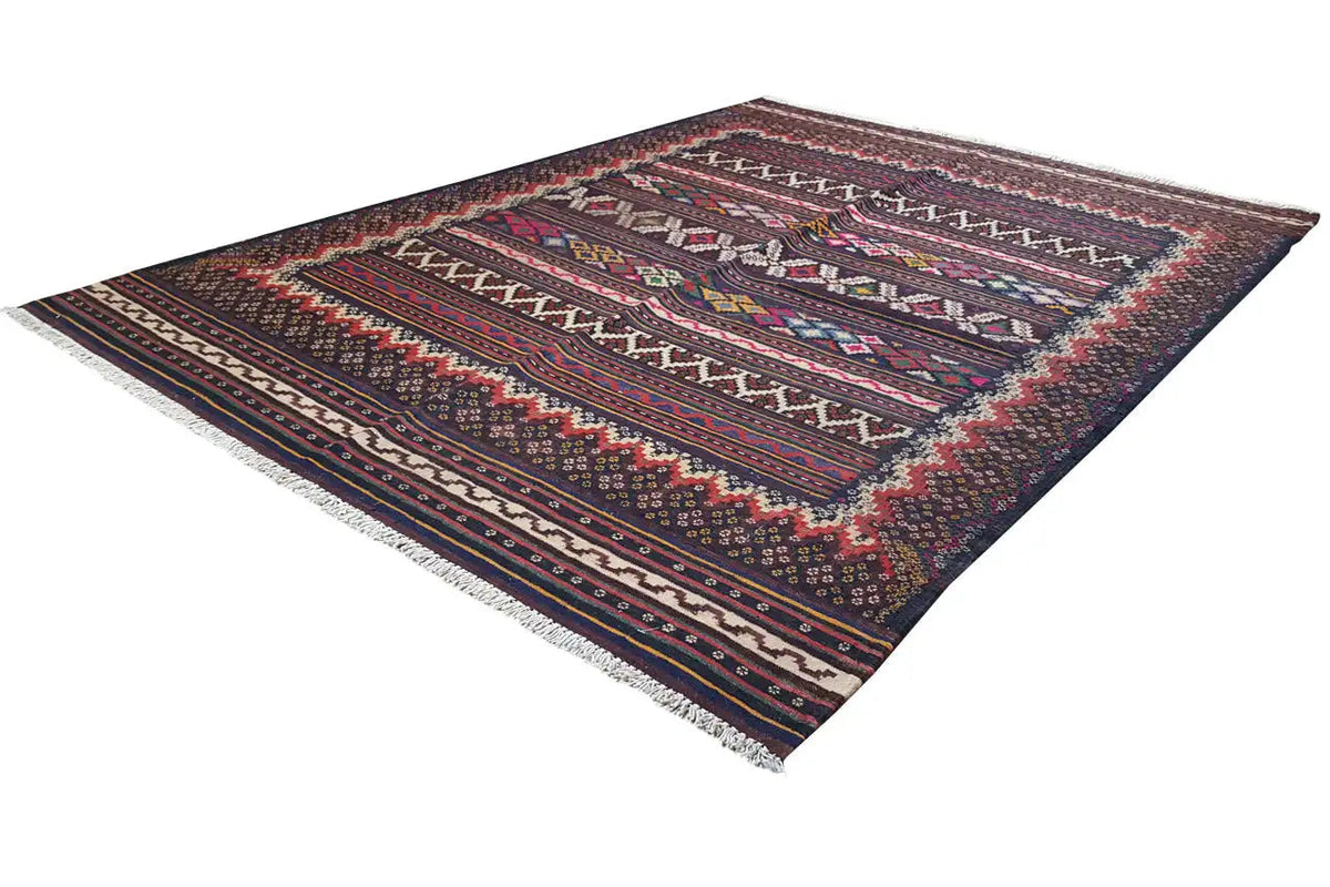 Kilim rug with central medallion and diamonds, dark brown, blue, red