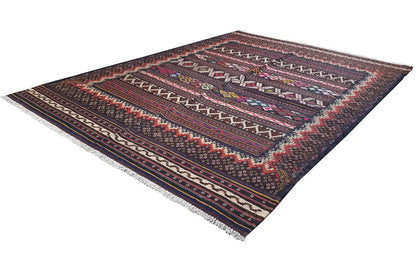 Kilim rug with central medallion and diamonds, dark brown, blue, red
