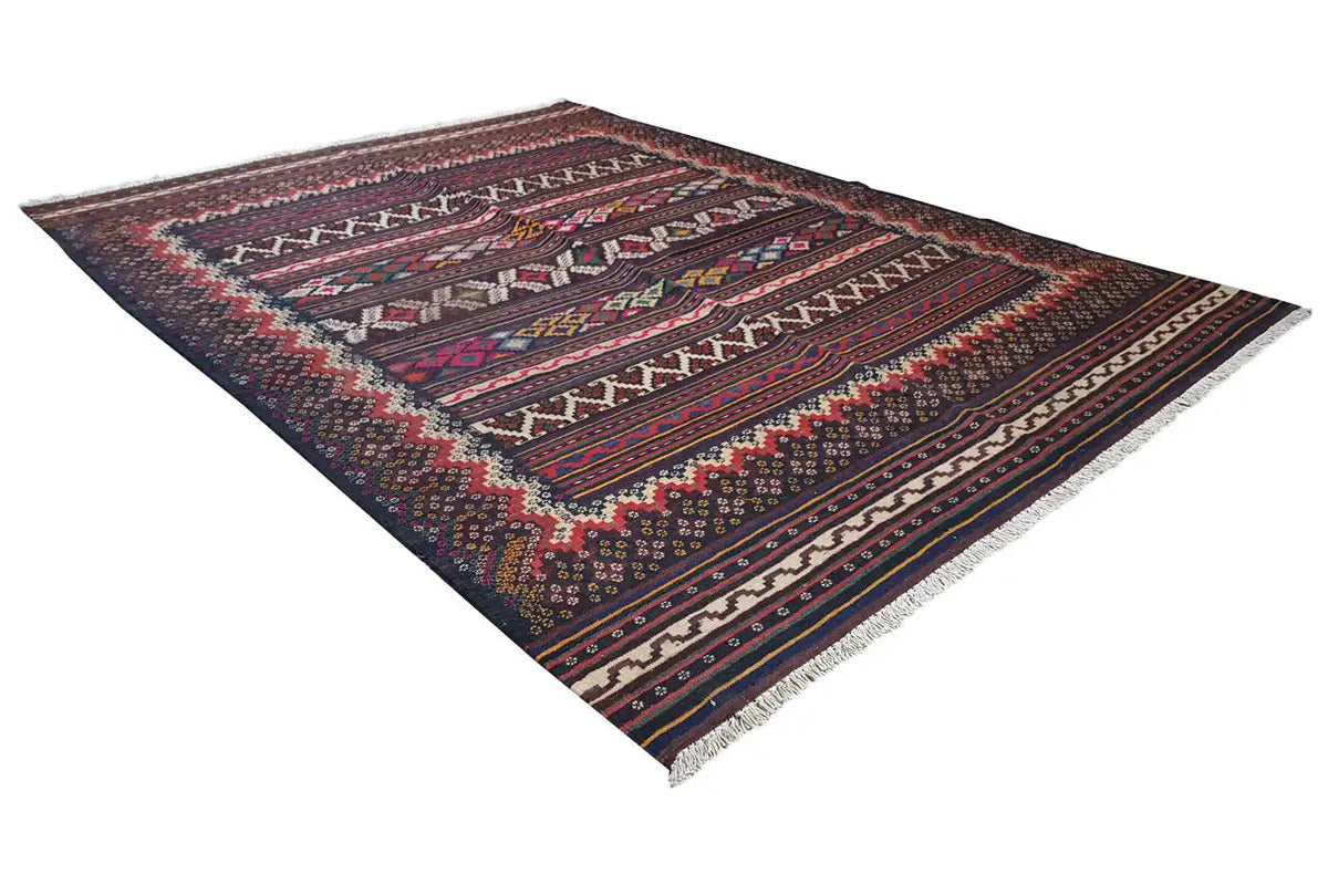 Kilim rug with medallion and border motifs, dark brown, blue, and red