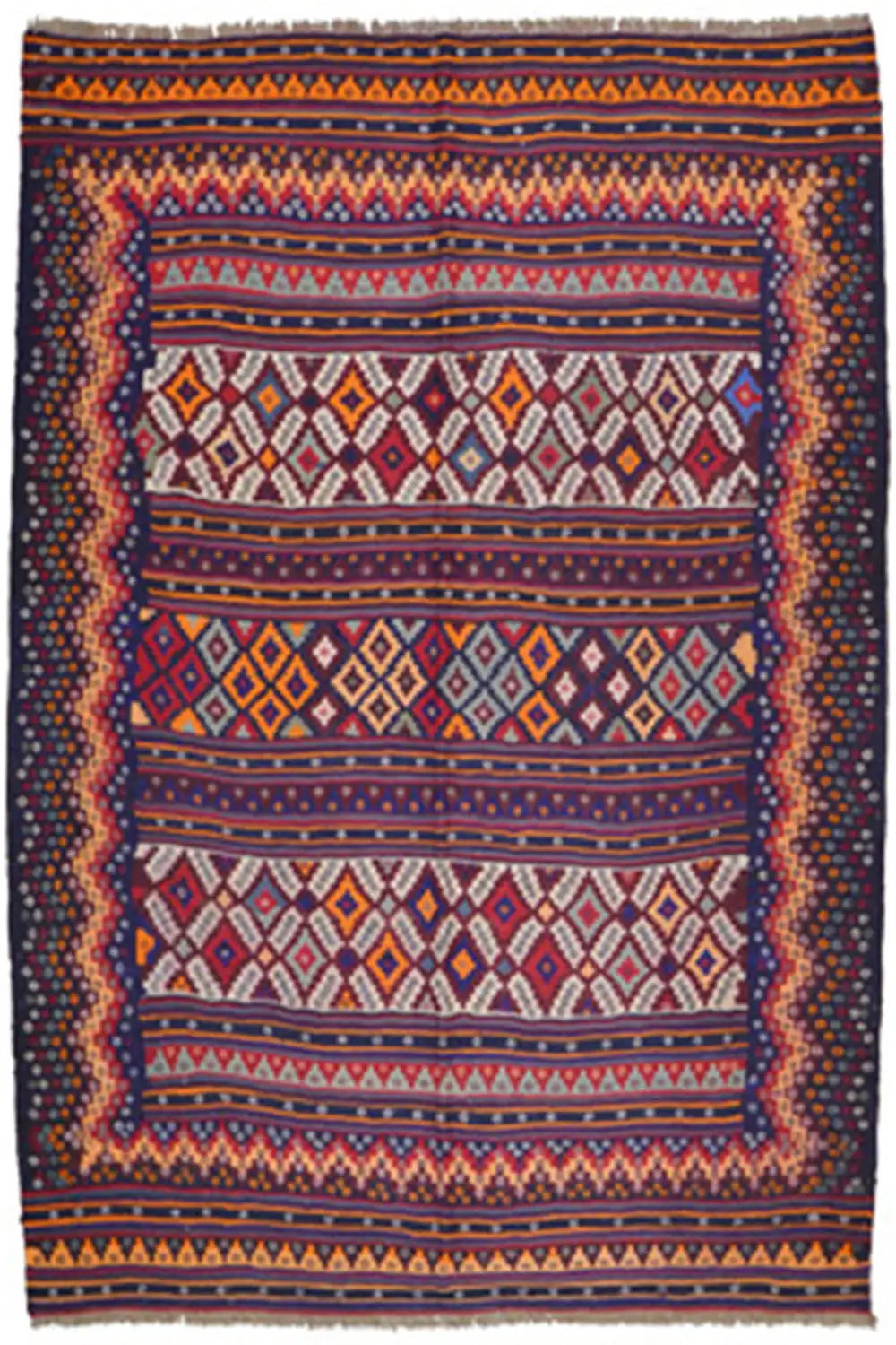 Kilim rug with a geometric pattern in blue, red and yellow