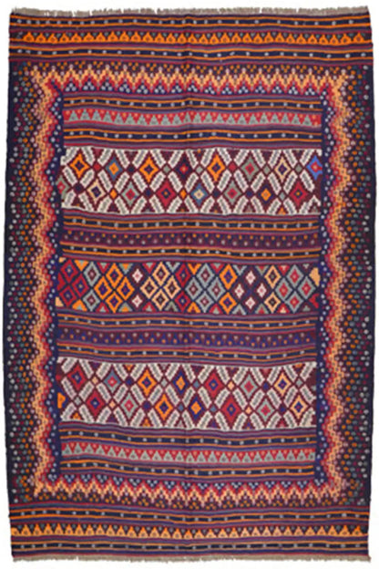 Kilim rug with a geometric pattern in blue, red and yellow