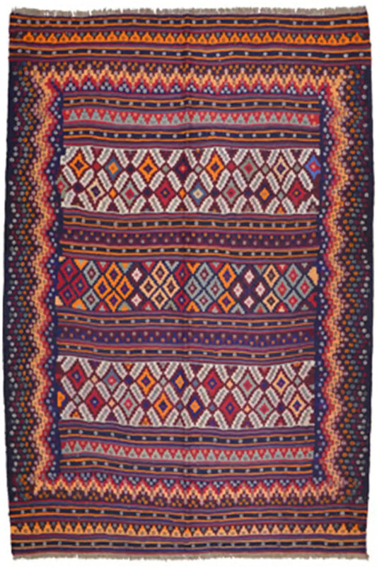 Kilim rug with a geometric pattern in blue, red and yellow