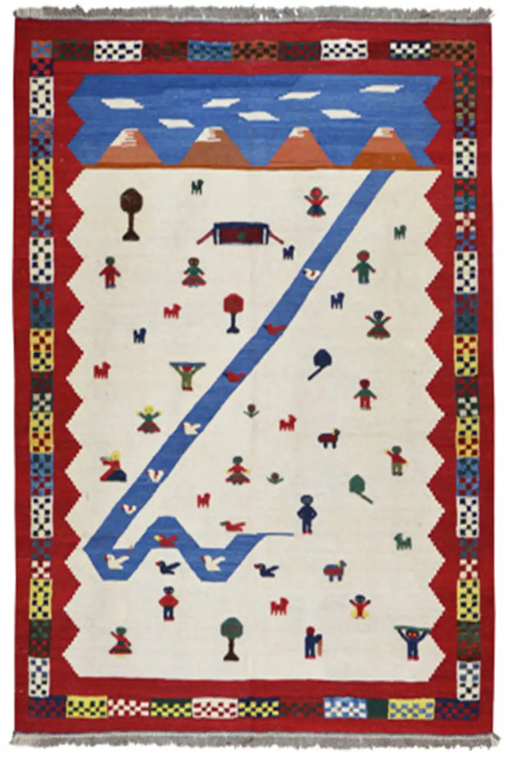 Kilim rug with a cream-colored base and colorful figures, red border, fringes